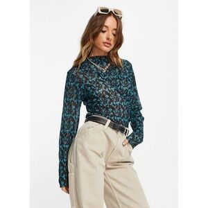 & Other Stories Size M Blue Floral Print Crinkle Mesh Long Sleeve Top